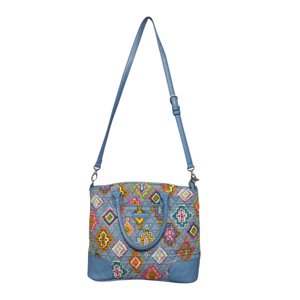 Vera Bradley Pale Blue Geometric Pattern Quilted Crossbody Tote Handbag Purse